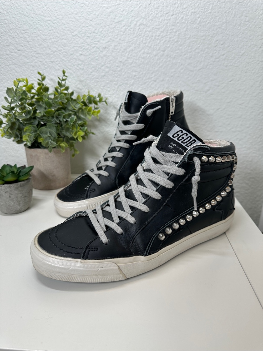 Golden Goose GGDB Slide Black Studded Leather High Top Sneakers EU 39